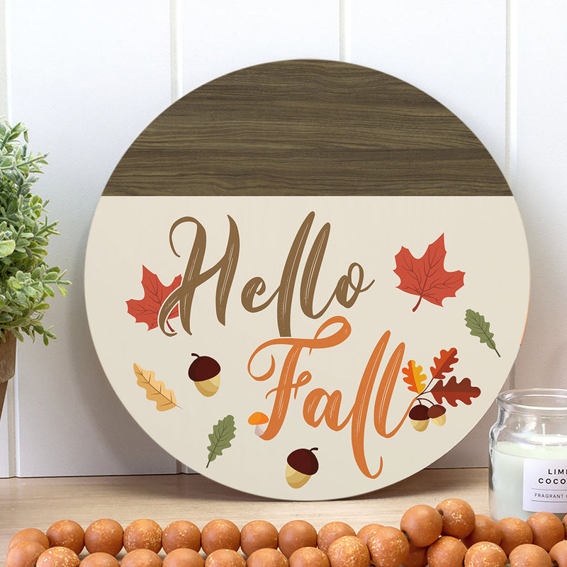 Hello Fall - Autumn Leaves &  Acorns Decoration - Welcome Door Wreath Hanger Sign