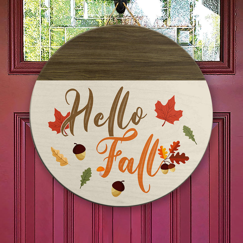 Hello Fall - Autumn Leaves &  Acorns Decoration - Welcome Door Wreath Hanger Sign