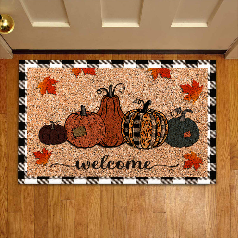 Welcome Pumpkin - Fall Leopard & Plaid Decor - Rustic Autumn Housewarming Gift New Home Doormat