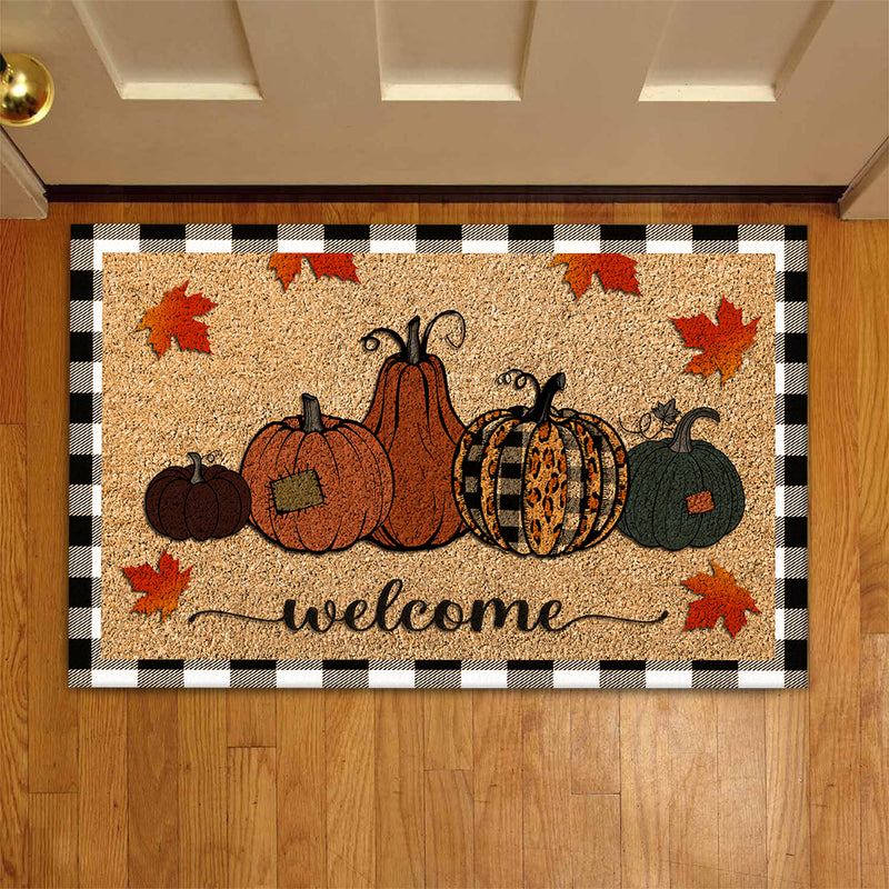 Welcome Pumpkin - Fall Leopard & Plaid Decor - Rustic Autumn Housewarming Gift New Home Doormat