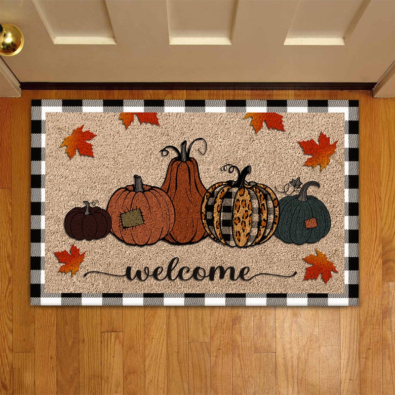 Welcome Pumpkin - Fall Leopard & Plaid Decor - Rustic Autumn Housewarming Gift New Home Doormat