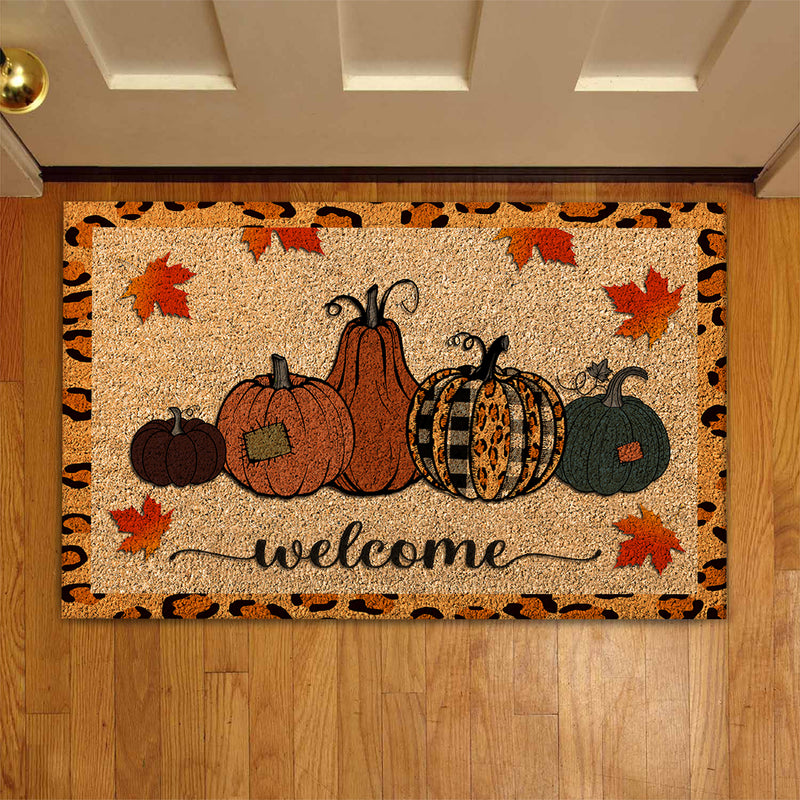 Welcome Pumpkin - Fall Leopard & Plaid Decor - Rustic Autumn Housewarming Gift New Home Doormat