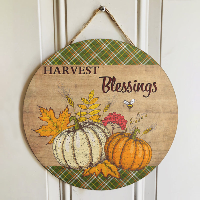 Harvest Blessings - Pumpkin Patch - Plaid Sign - Door Hanger Decor - Thanksgiving Gift