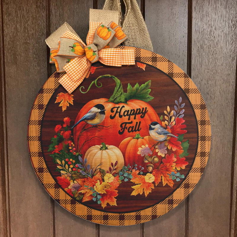 Happy Fall - Bird And Pumpkin Sign - Plaid Sign - Floral Door Hanger Decor - Fall Gift