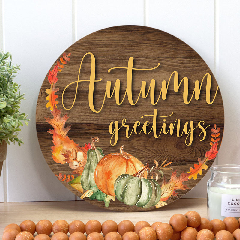 Autumn Greetings - Pumpkin Wreath - Wooden Door Hanger Sign - Thanksgiving Gift Fall Home Decor