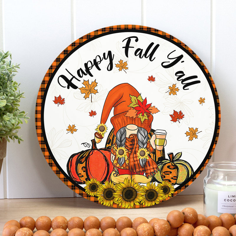 Happy Fall Y'all - Gnome & Maple Leaves Decoration - Autumn Thanksgiving Gift Door Hanger Sign