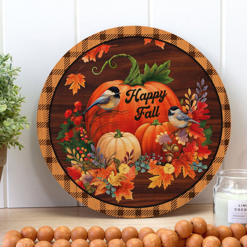 Happy Fall - Bird And Pumpkin Sign - Plaid Sign - Floral Door Hanger Decor - Fall Gift