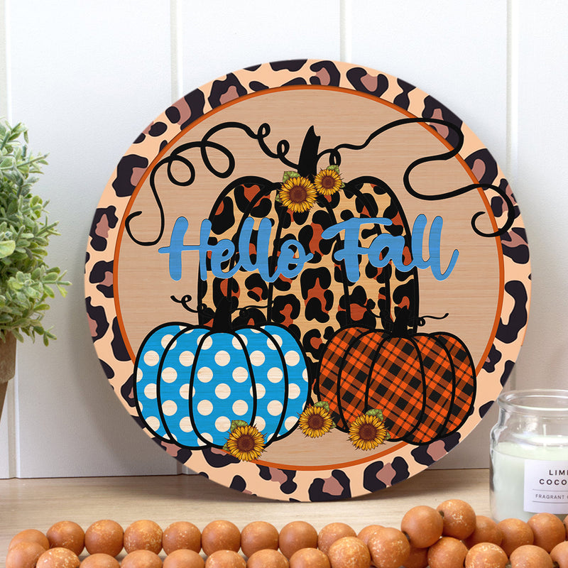 Hello Fall - Leopard Pumpkin - Polka Dots - Plaid Sign - Halloween Door Hanger Decor