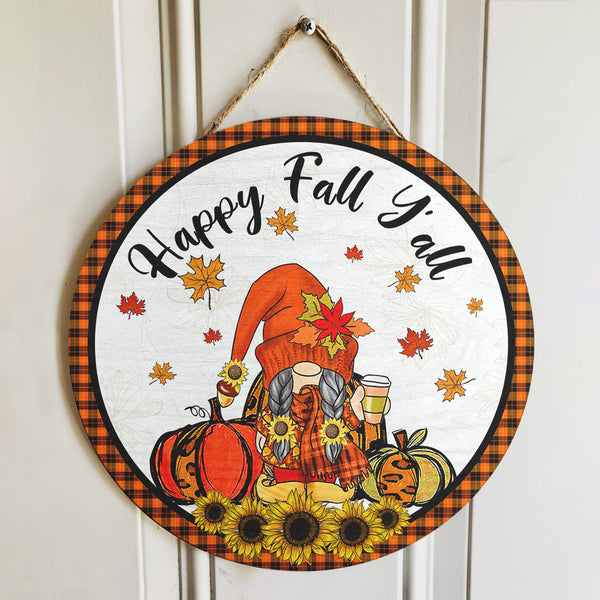 Happy Fall Y'all - Gnome & Maple Leaves Decoration - Autumn Thanksgiving Gift Door Hanger Sign