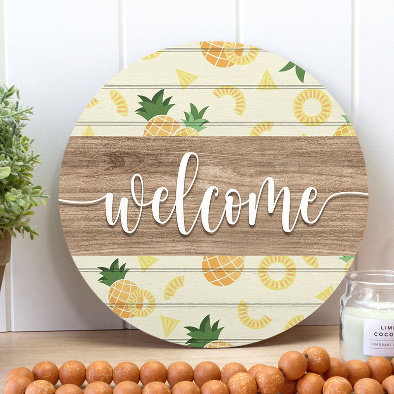 Pineapple Welcome Sign - Tropical Summer Decor - Wooden Door Wreath Hanger - Housewarming Gift