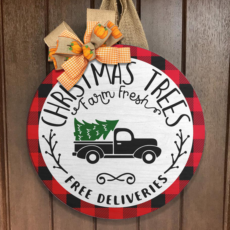 Christmas Trees - Buffalo Plaid Sign - Xmas Truck - Farmhouse Christmas Door Sign Decor