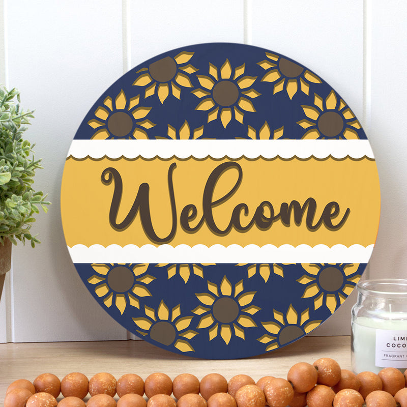 Welcome - Sunflower Door Sign - Farmhouse Wooden Door Hanger Decor - Round Porch Wreath