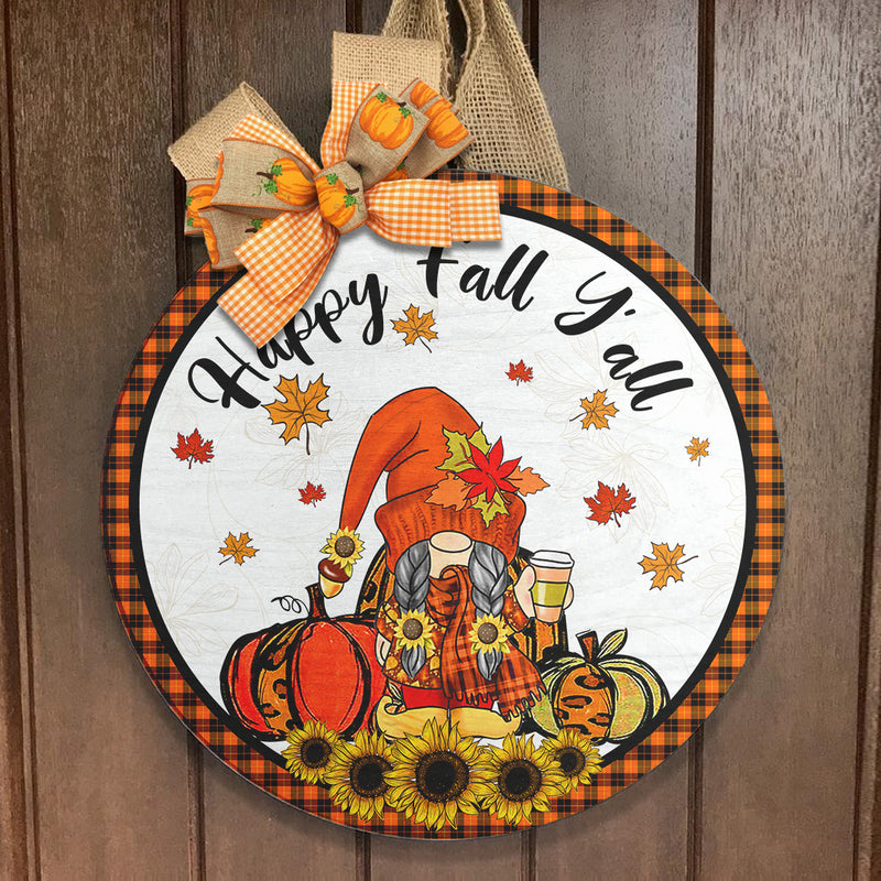 Happy Fall Y'all - Gnome & Maple Leaves Decoration - Autumn Thanksgiving Gift Door Hanger Sign