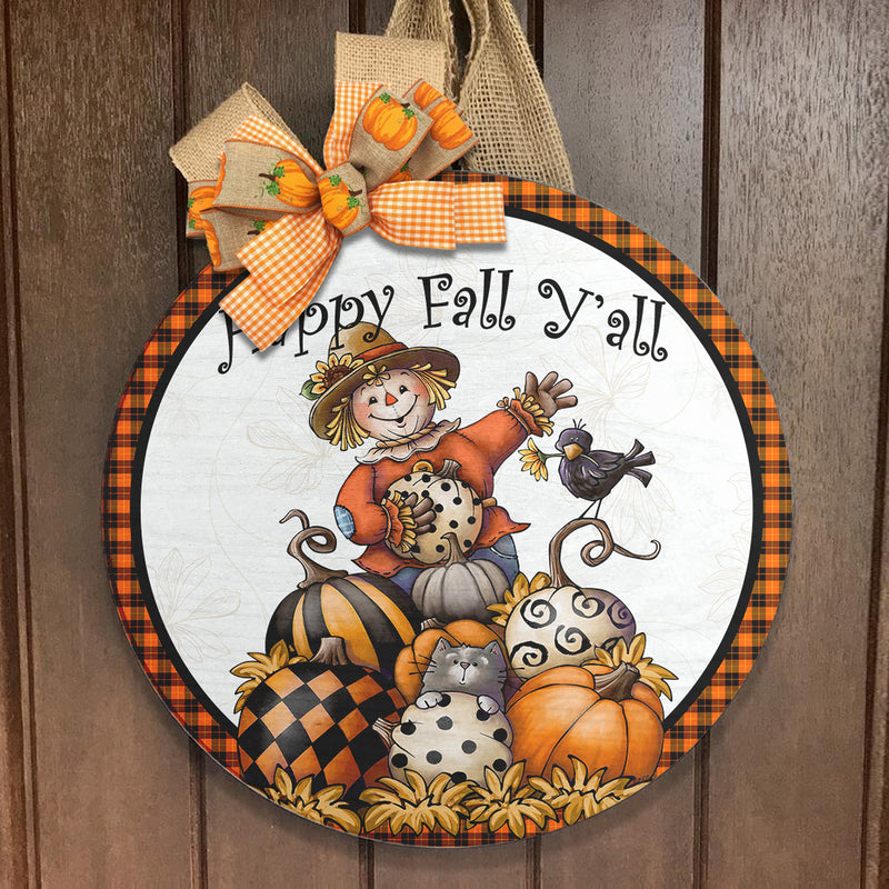 Happy Fall Y'all - Scarecrow & Pumpkin Decor - Autumn Thanksgiving Gift Door Wreath Hanger Sign