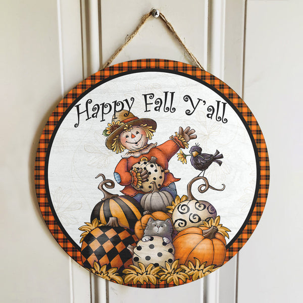 Happy Fall Y'all - Scarecrow & Pumpkin Decor - Autumn Thanksgiving Gift Door Wreath Hanger Sign