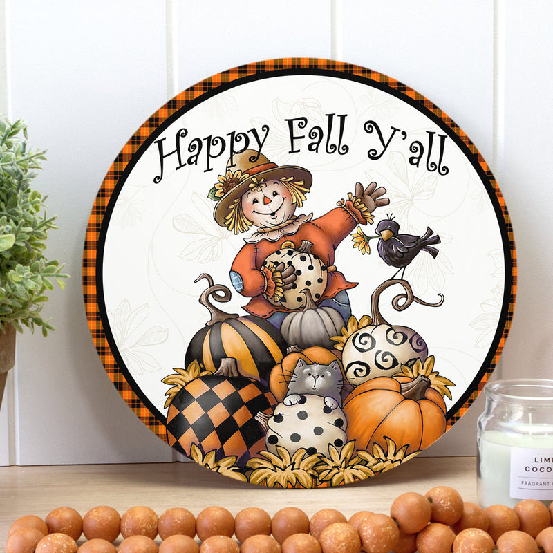 Happy Fall Y'all - Scarecrow & Pumpkin Decor - Autumn Thanksgiving Gift Door Wreath Hanger Sign