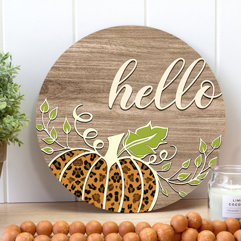 Hello Leopard Pumpkin - Happy Fall Wreath - Rustic Thanksgiving Gift Door Wreath Hanger Sign