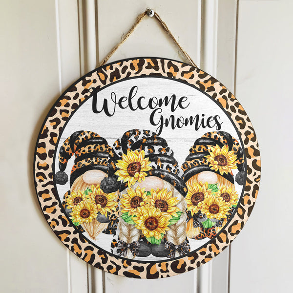 Welcome Gnomies - Sunflowers & Leopard Print Decoration - Fall Door Wreath Hanger Sign