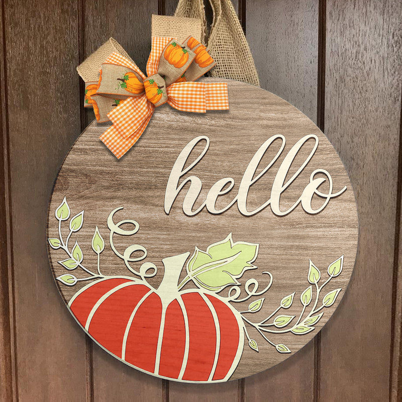 Hello - Red Pumpkin Decor - Wooden Door Hanger Sign - Fall Thanksgiving Housewarming Gift