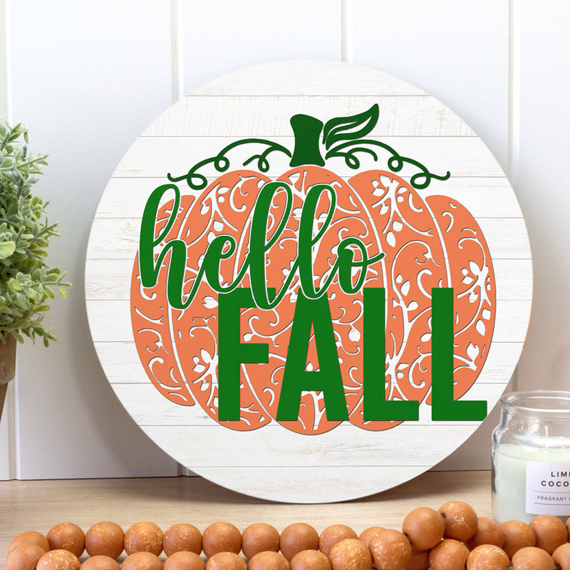 Hello Fall - Cute Pumpkin - Autumn Wooden Door Hanger Sign - Fall Wreath Decoration