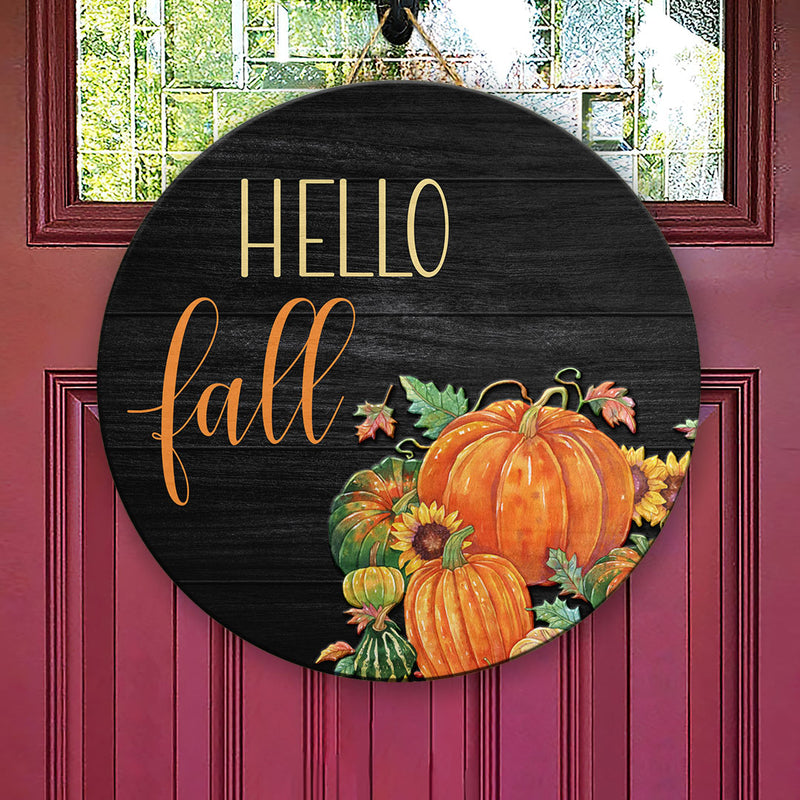 Hello Fall - Pumpkins & Sunflowers Decoration - Autumn Door Wreath Hanger Sign