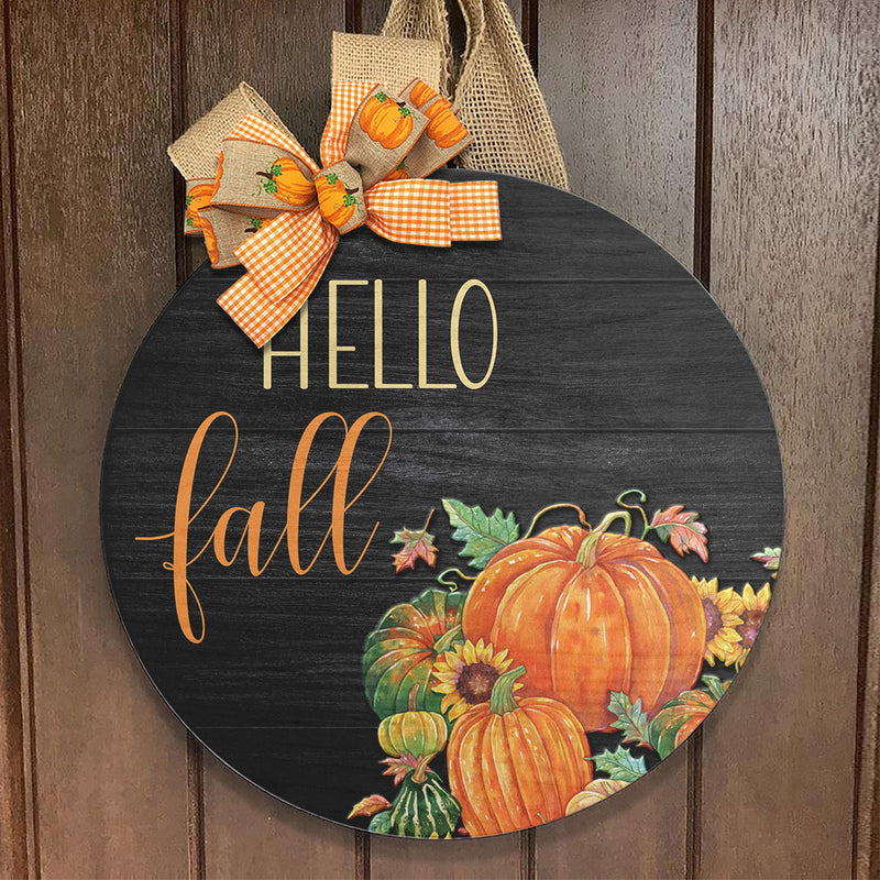 Hello Fall - Pumpkins & Sunflowers Decoration - Autumn Door Wreath Hanger Sign