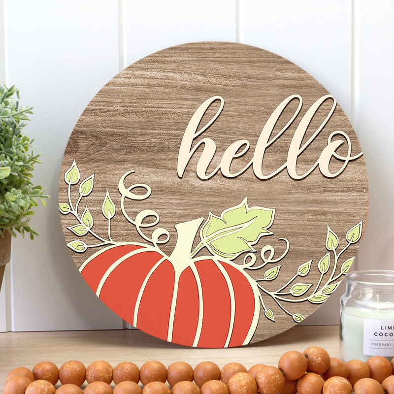 Hello - Red Pumpkin Decor - Wooden Door Hanger Sign - Fall Thanksgiving Housewarming Gift