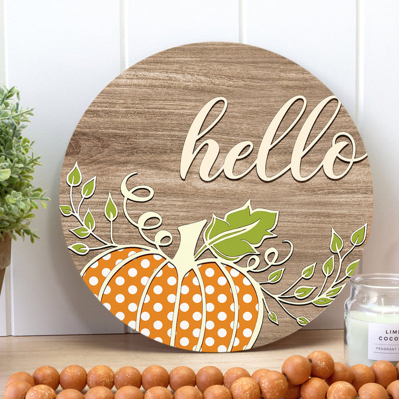 Hello Pumpkin Polka Dots - Fall Wooden Door Wreath Hanger Sign - Autumn Thanksgiving Gift