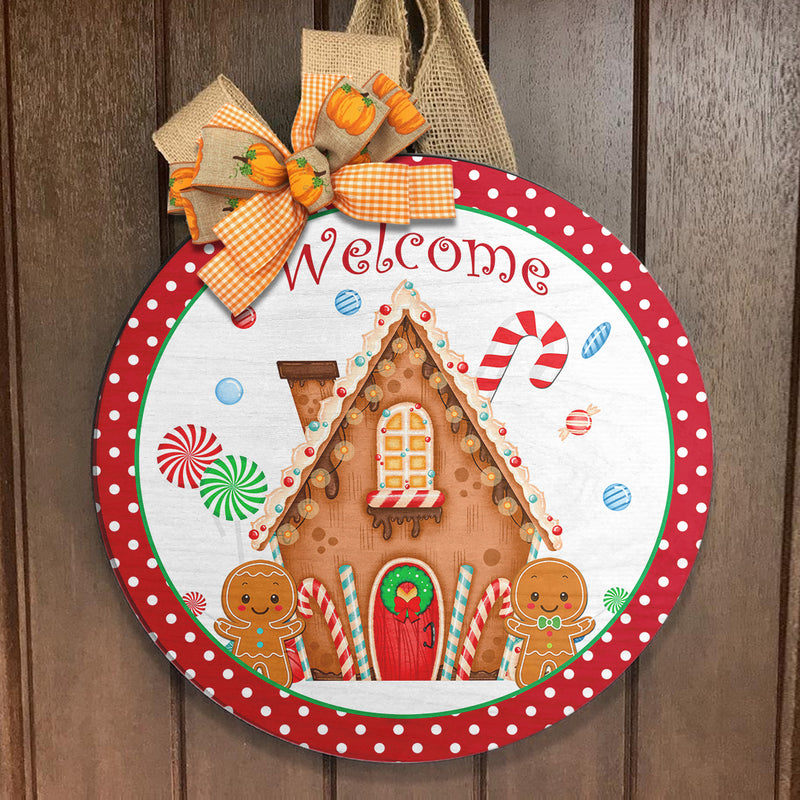 Welcome - Gingerbread Men - Candy Canes - Polka Dots Christmas Door Hanger - Xmas House Decor