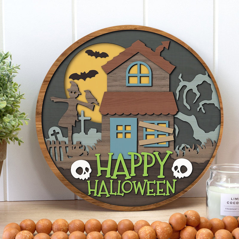 Happy Halloween - Haunted House - Skull Sign - Halloween Door Hanger Sign Decoration