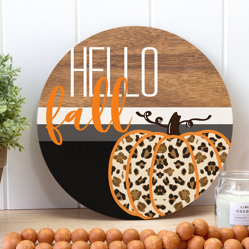 Hello Fall - Cheetah Pumpkin Decoration - Autumn Thanksgiving Gift - Door Wreath Hanger Sign