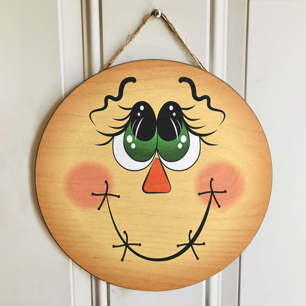 Scarecrow Face - Welcome Halloween - Round Porch Sign - Halloween Door Hanger Decor