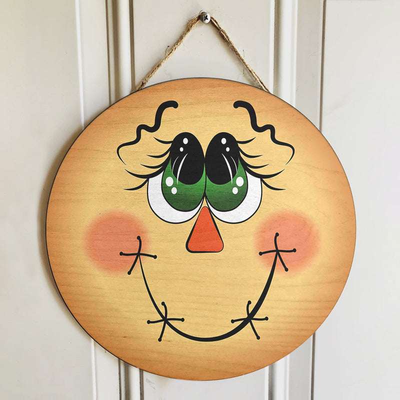 Scarecrow Face - Welcome Halloween - Round Porch Sign - Halloween Door Hanger Decor