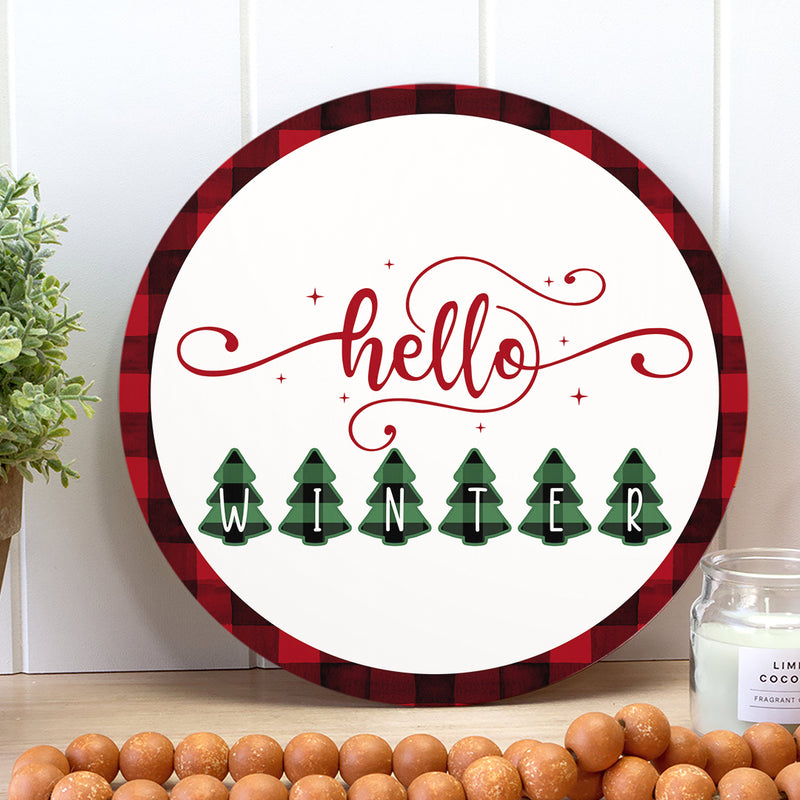 Hello Winter - Christmas Tree - Welcome Winter Door Sign - Buffalo Plaid Wreath - Xmas Home Decor