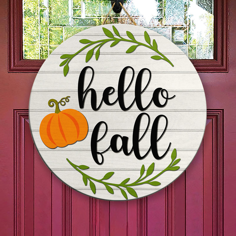 Hello Fall - Pumpkin & Autumn Leaves Decor - Front Door Wreath Hanger Sign