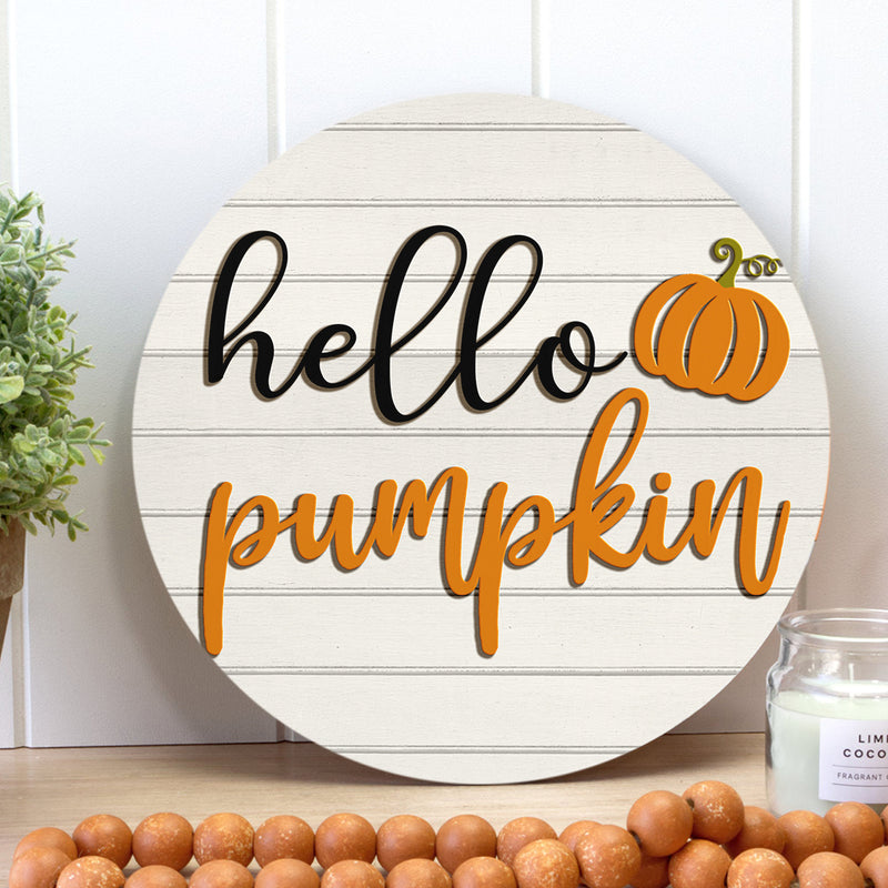 Hello Pumpkin - Fall Front Door Wreath Hanger Sign - Autumn Thanksgiving Gift Home Decor