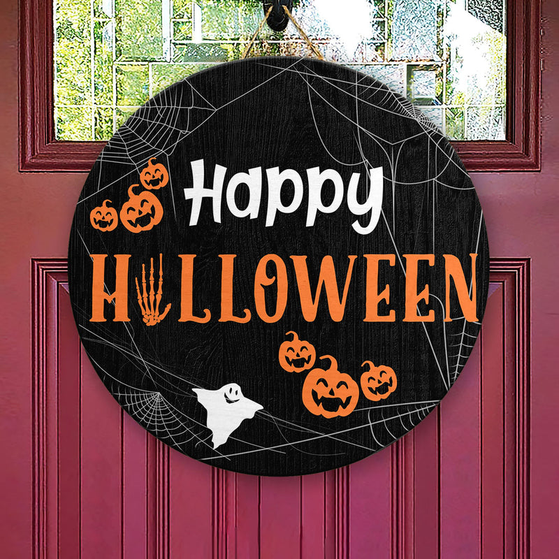 Happy Halloween - Pumpkins & Spider's Web Decoration - Halloween Wreath Door Hanger Sign