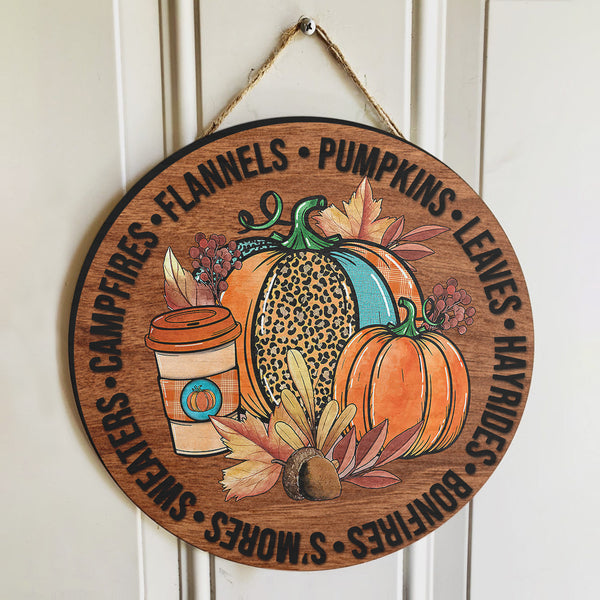 Rustic Fall Home Decor - Flannels Pumpkins Leaves - Leopard Print Door Wreath Hanger Sign