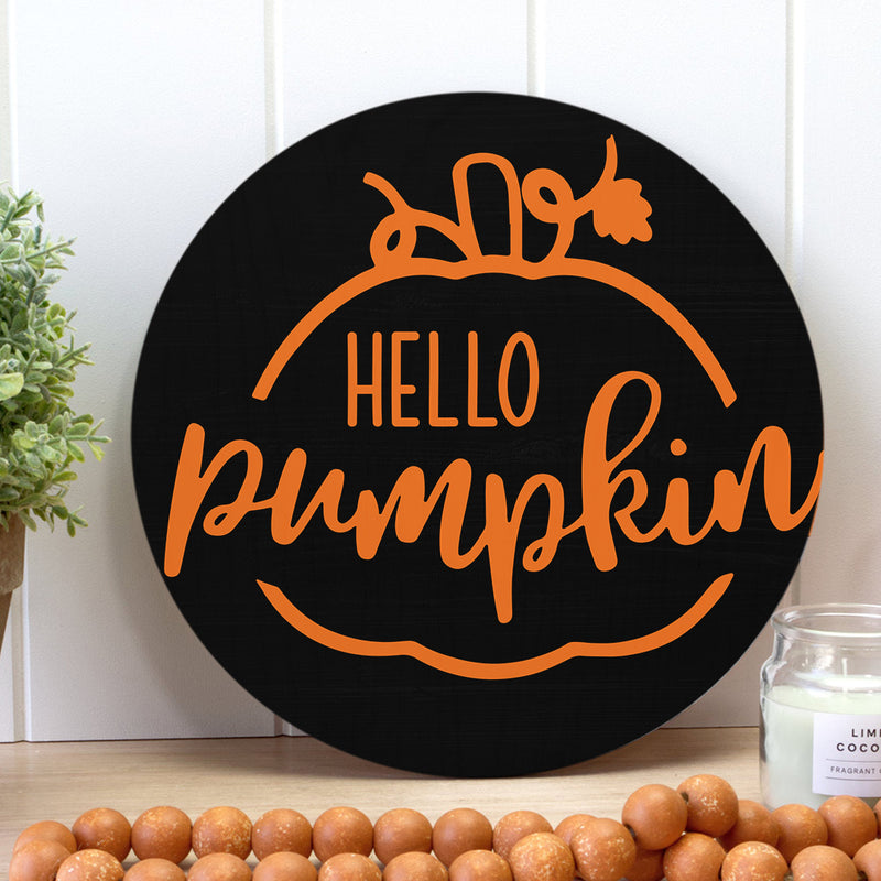 Hello Pumpkin - Wooden Fall Front Door Wreath Hanger Sign - Farmhouse Outdoor Welcome Sign