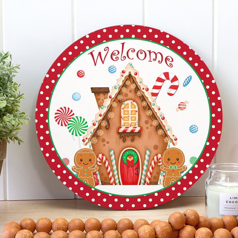 Welcome - Gingerbread Men - Candy Canes - Polka Dots Christmas Door Hanger - Xmas House Decor