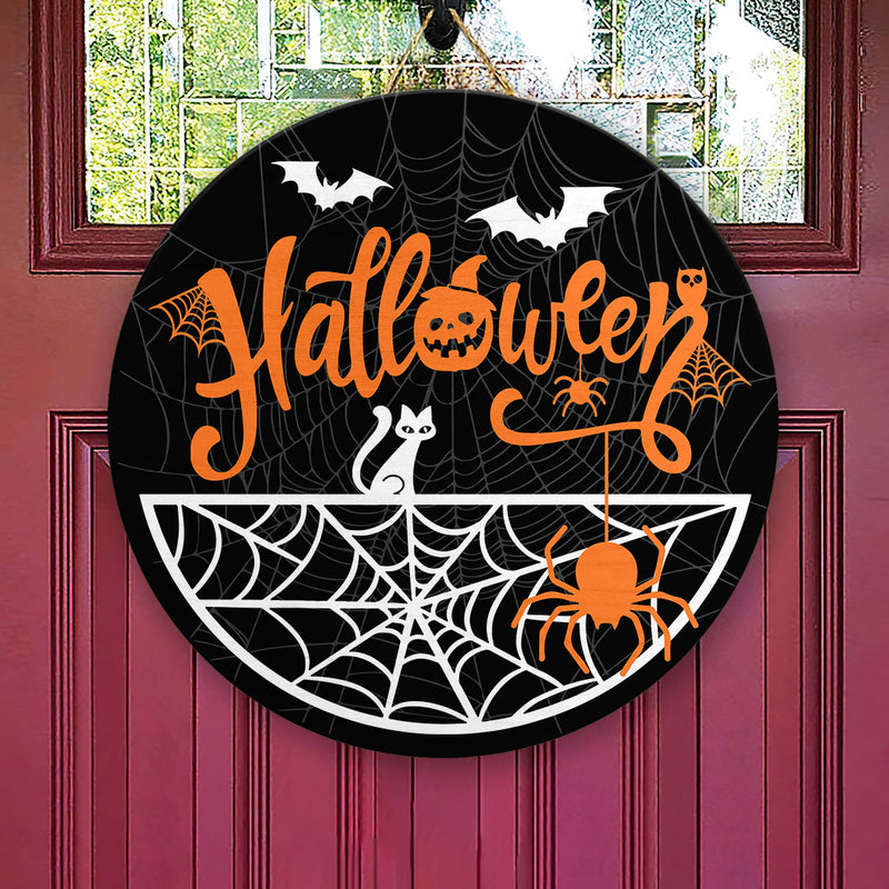 Happy Halloween - Spider Web and Bats Decoration - Halloween House Decor Door Hanger Sign