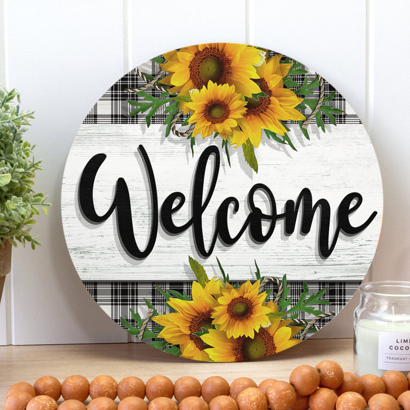 Welcome - Sunflower Door Decor - Plaid Sign - Rustic Door Sign - Housewarming Gift