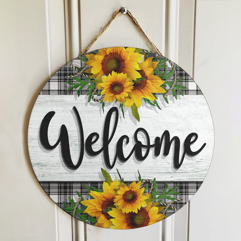 Welcome - Sunflower Door Decor - Plaid Sign - Rustic Door Sign - Housewarming Gift