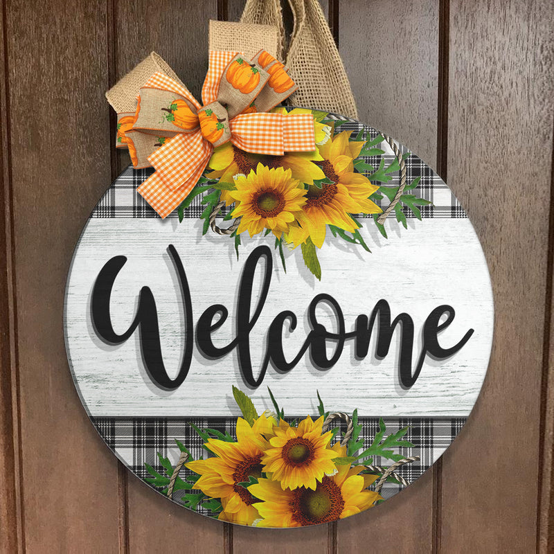 Welcome - Sunflower Door Decor - Plaid Sign - Rustic Door Sign - Housewarming Gift