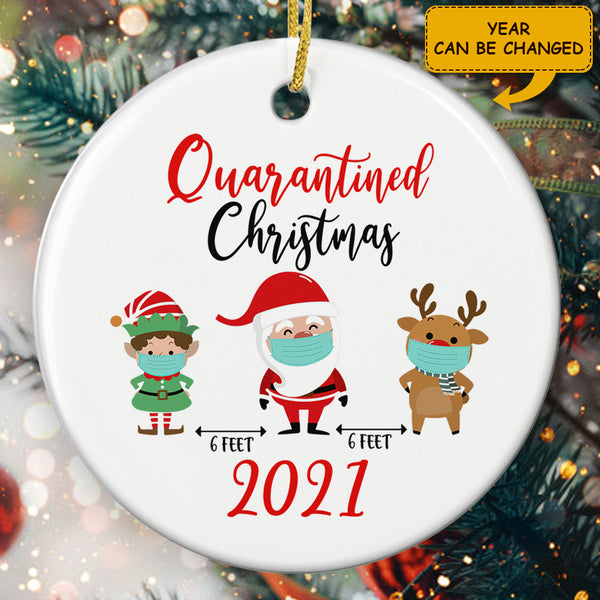 Quarantined Christmas Ornament - Santa And Reindeer Ornament - Social Distance Bauble - Xmas Tree Decor