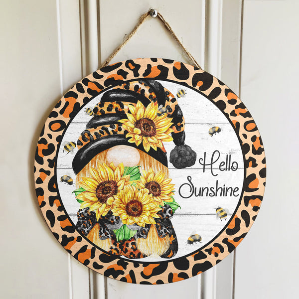 Hello Sunshine Bee - Leopard Gnome Door Hanger Sign - Fall Housewarming Gift Home Decor