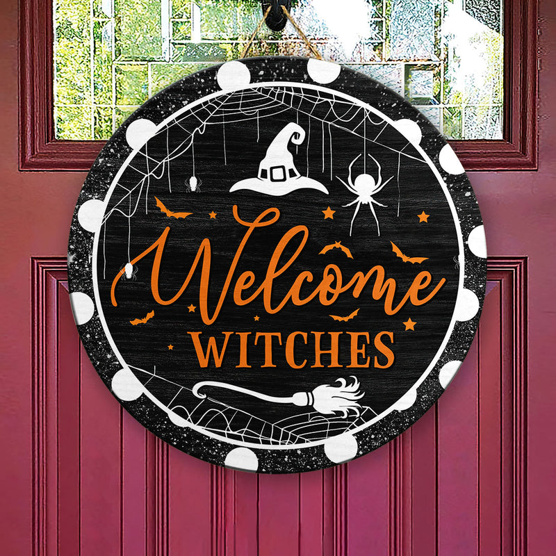 Welcome Witches - Spider's Web, Broom & Witch's Hat Decor - Halloween Door Wreath Hanger Sign