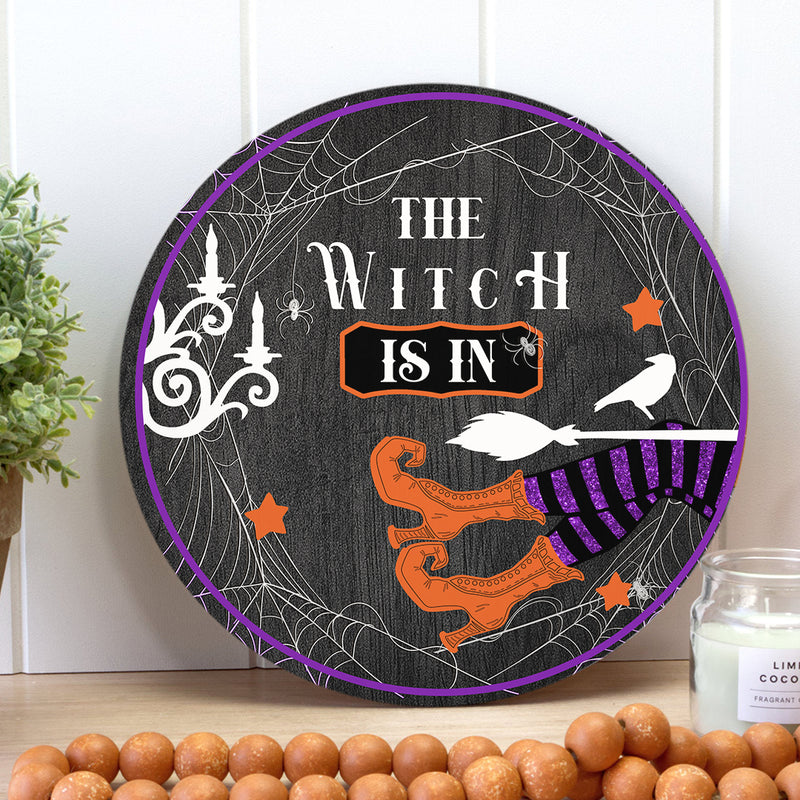 The Witch Is In - Spooky Halloween Home Decor - Halloween 2021 Welcome Door Wreath Hanger Sign