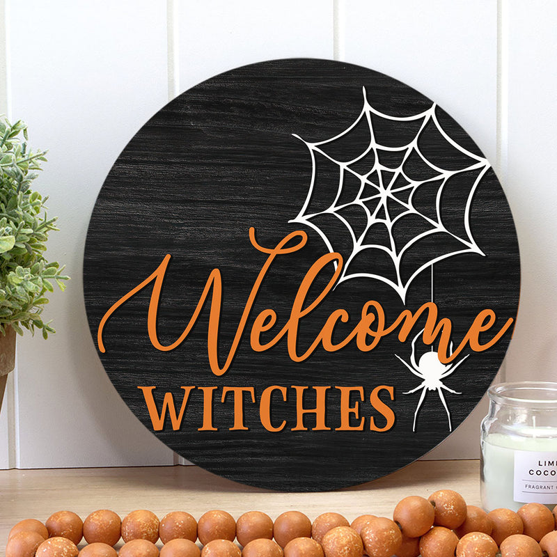 Welcome Witches - Spider's Web Decoration - Halloween Door Hanger Sign - Front House Decor