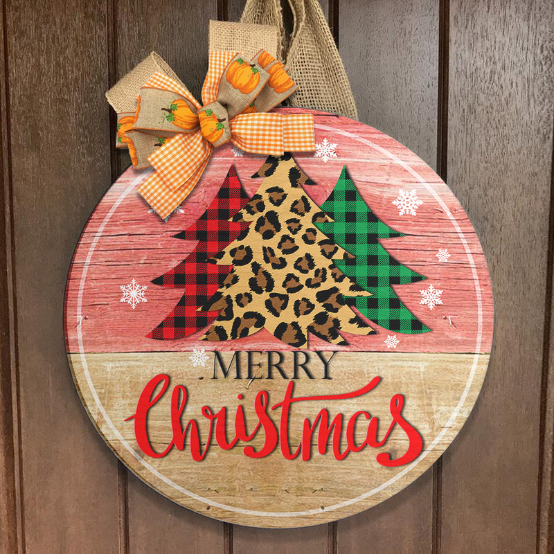 Merry Christmas - Buffalo Plaid - Leopard Xmas Tree Door Sign - Welcome Xmas Home Decor
